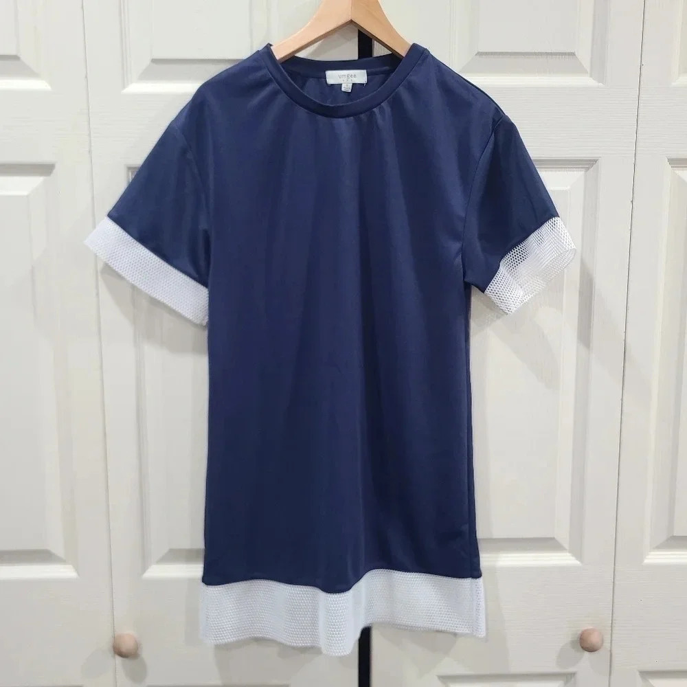 Umgee Usa Size Small Navy Blue Tunic Top With White‎ Mesh Contrast Trim Jersey